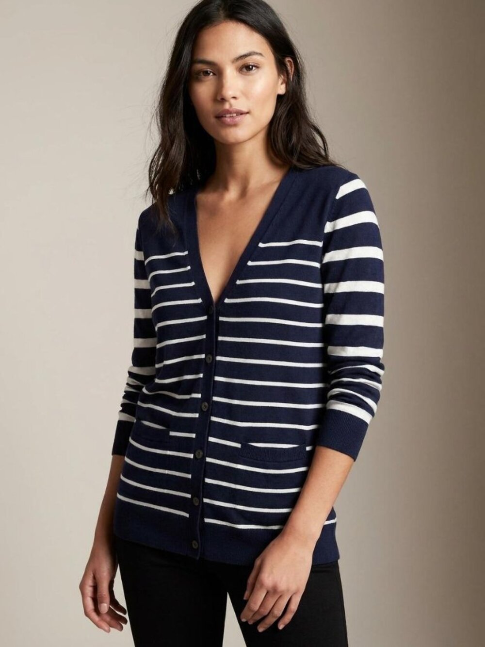 Gap Navy Striped Cotton Silk Button Up Cardigan